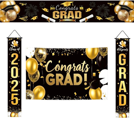 Graduation Party Decorations Set 2025, Black and Gold Porch Banner with Backdrop, Class of 2025 Congrats Grad