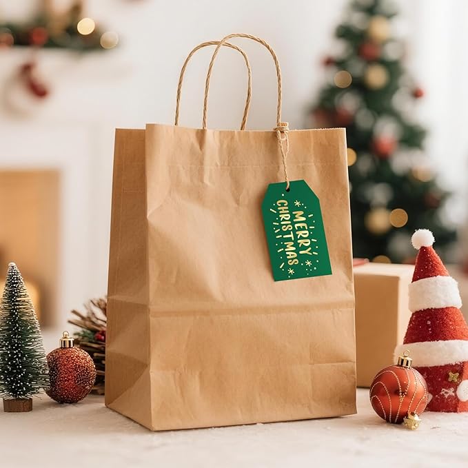 Anwyll Christmas Gift Tags with String - 50Pcs Gold and Green Merry Christmas Tags for Gifts Xmas Gift Tag Happy Holidays Hang Paper Label Tag for Present Wrapping Treat Goodie Bag Holiday Party Favor