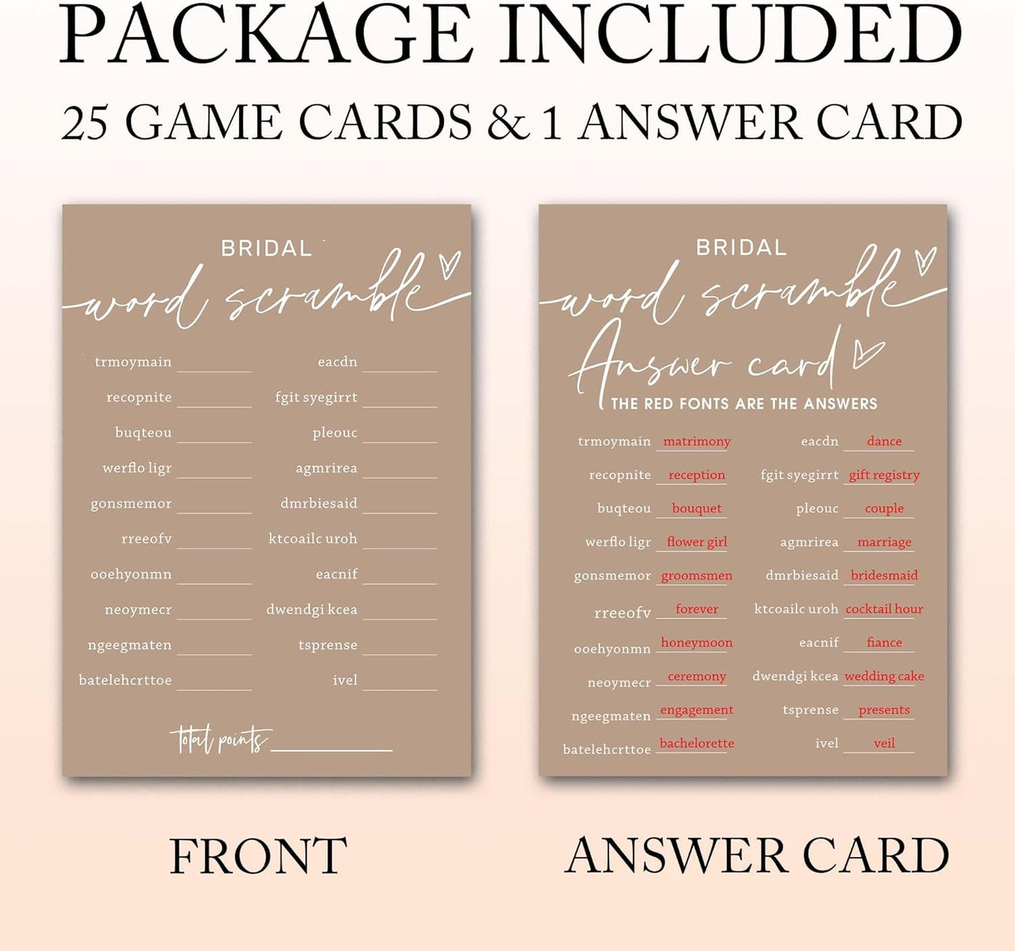 Bridal Shower Games Cards, Bridal Word Scramble, 25 Game Cards with 1 Answer Card, Engagement Party Wedding Games for Guests, Minimalist Brown Wedding Party Supplies - D14