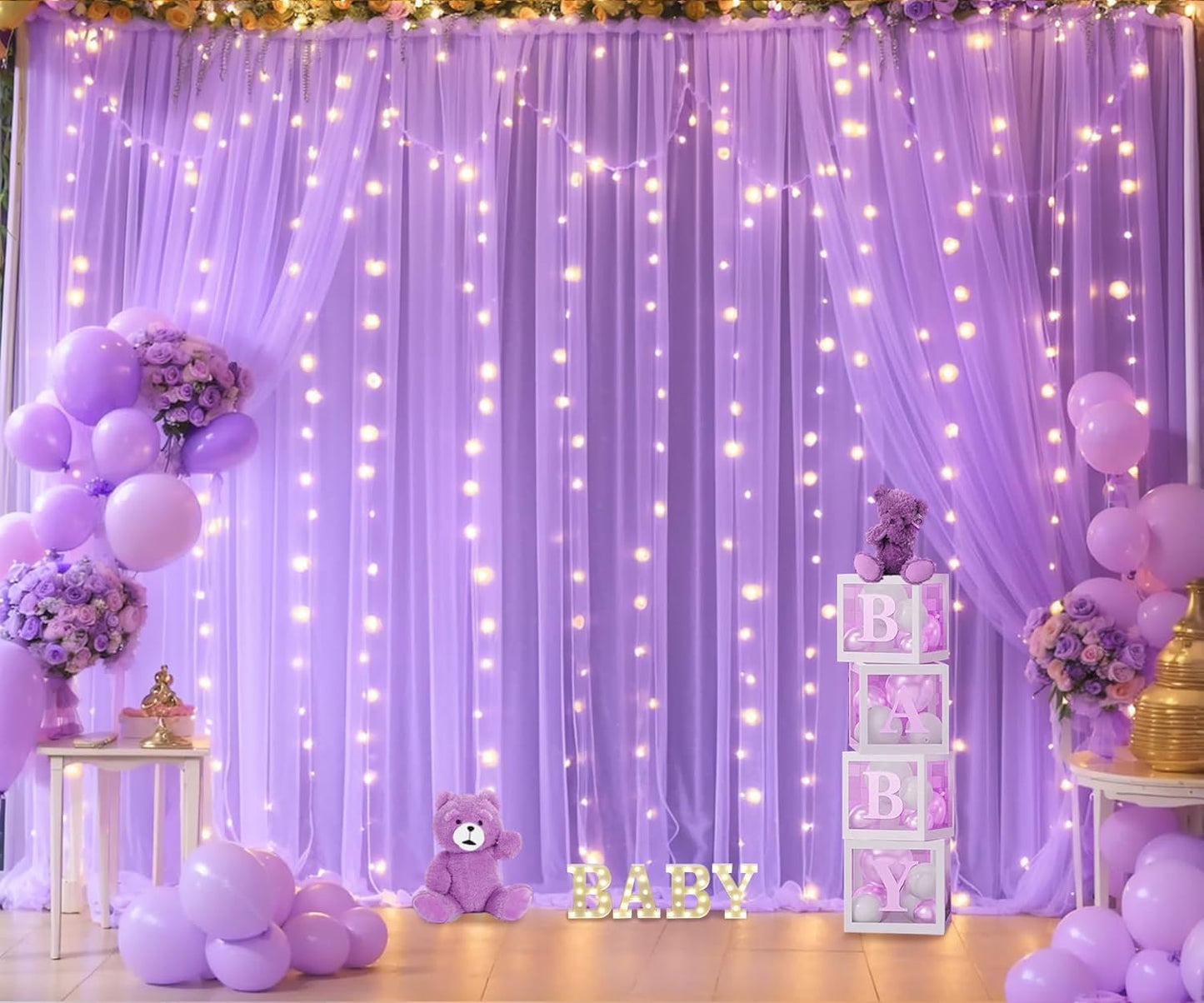 Lavender Sheer Backdrop Curtain with Led Lights for Baby Shower Girls Wedding10ft X 10ft Lavender Tulle Backdrop Curtain for Bridal Shower Birthday Party Photoshoot Arch Background Decorations