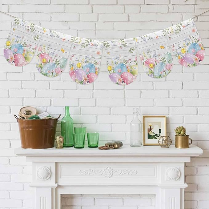 Easter Eggs Banner 3Pcs Indoor Outdoor Hanging Banner Flag Spring Daisy Eucalyptus Leaves Gray Wooden Sign for Fireplace Mantel Decorative Bunting Garland Valance for Shop Door Mantle Decor 7.9"x11.8"