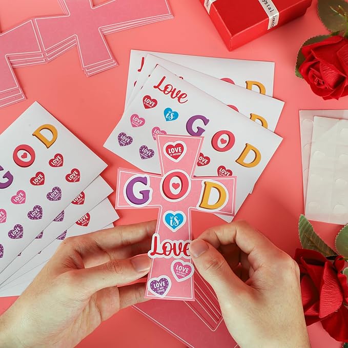 Yewfold 24Pcs Valentine's Day Religious Cross Craft Kit, Valentines DIY Cross Make Your Own 3D Handmade Valentines Christian Crafts, God is Love Church Art Project Activities