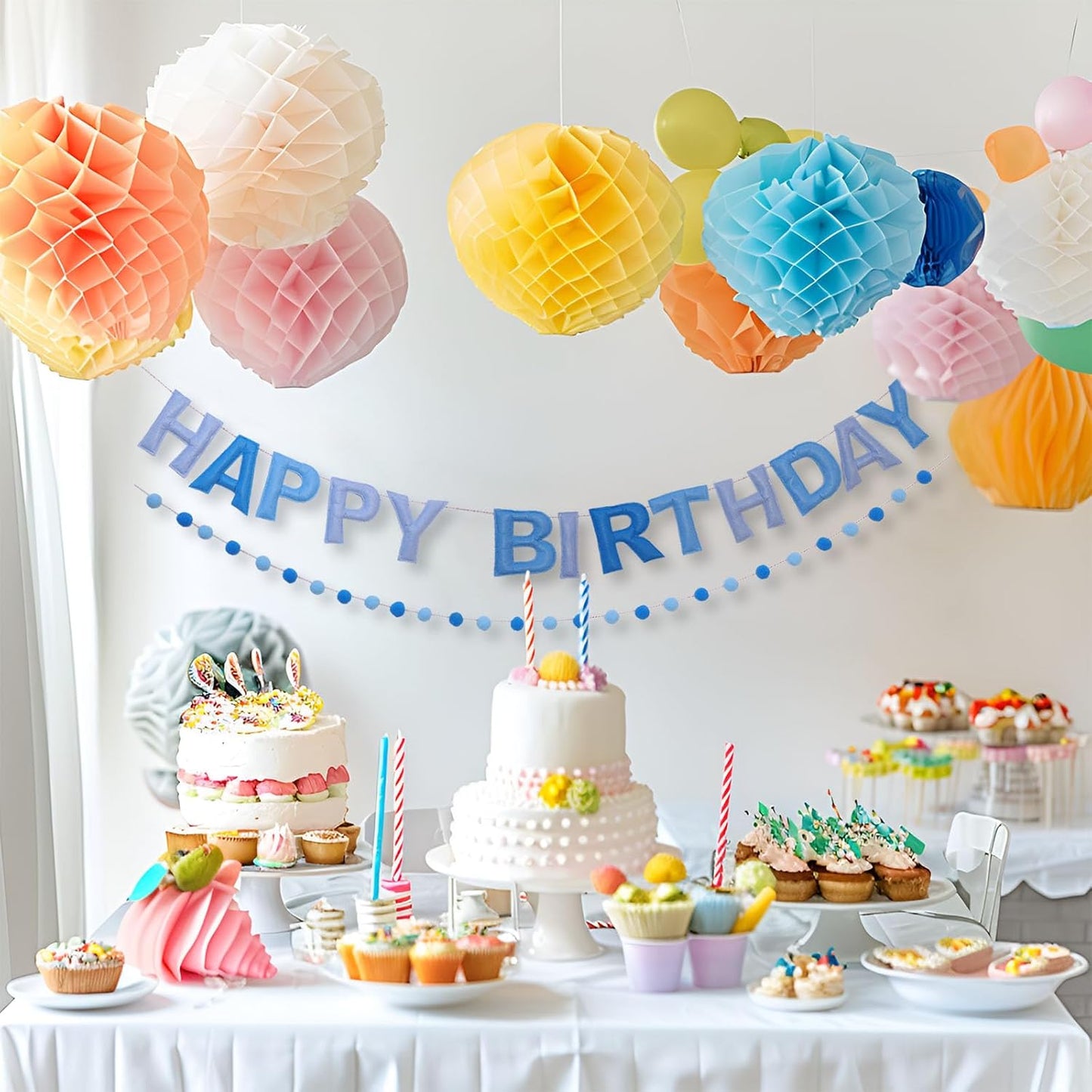Blue Happy Birthday Banner Felt Ball Garland Pre-Strung Happy Birthday Sign for Party Backdrop Decorations Photo Prop