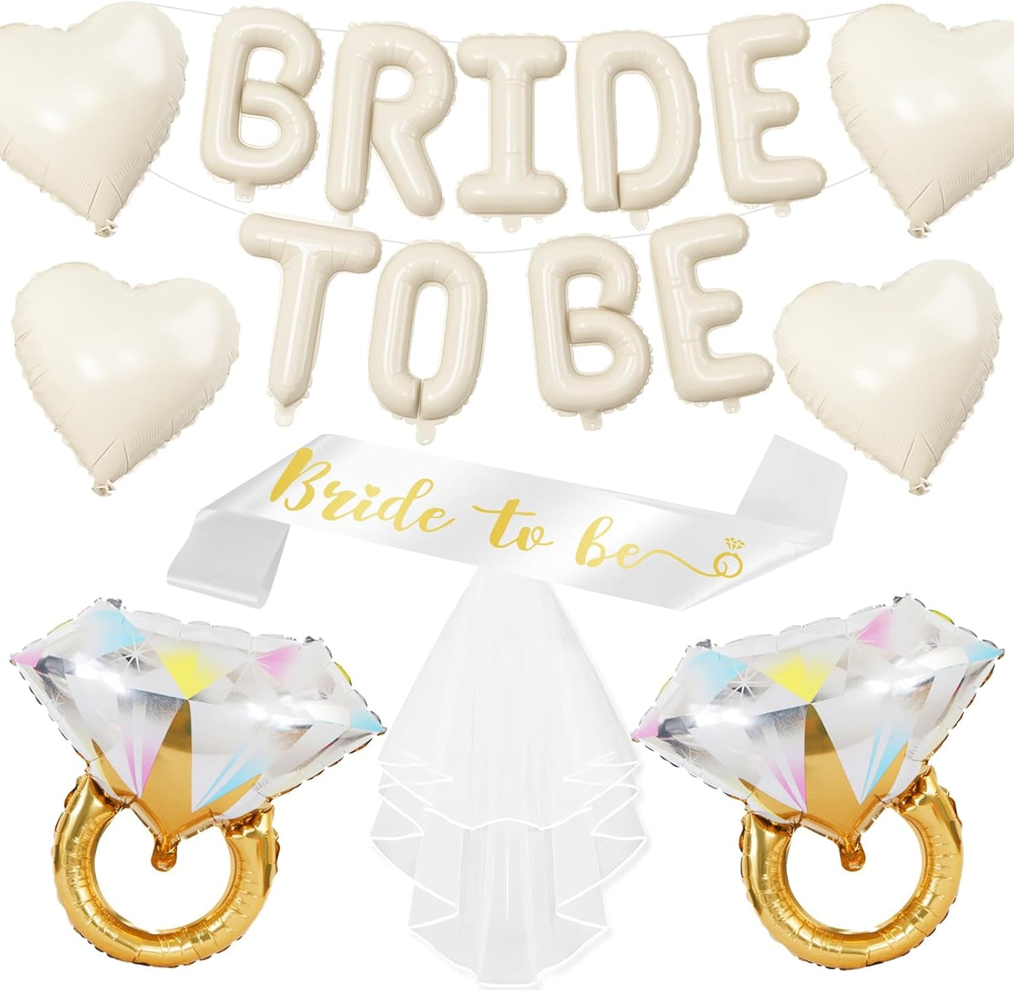 Sand White Bachelorette Party Decorations, Cream White Bride To Be Banner Heart Balloons with Diamond Ring Foil Balloon, Bride To Be Sash&Veil for Bachelorette Engagement Bridal Shower Party Supplies