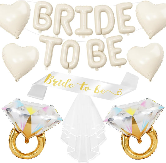 Sand White Bachelorette Party Decorations, Cream White Bride To Be Banner Heart Balloons with Diamond Ring Foil Balloon, Bride To Be Sash&Veil for Bachelorette Engagement Bridal Shower Party Supplies