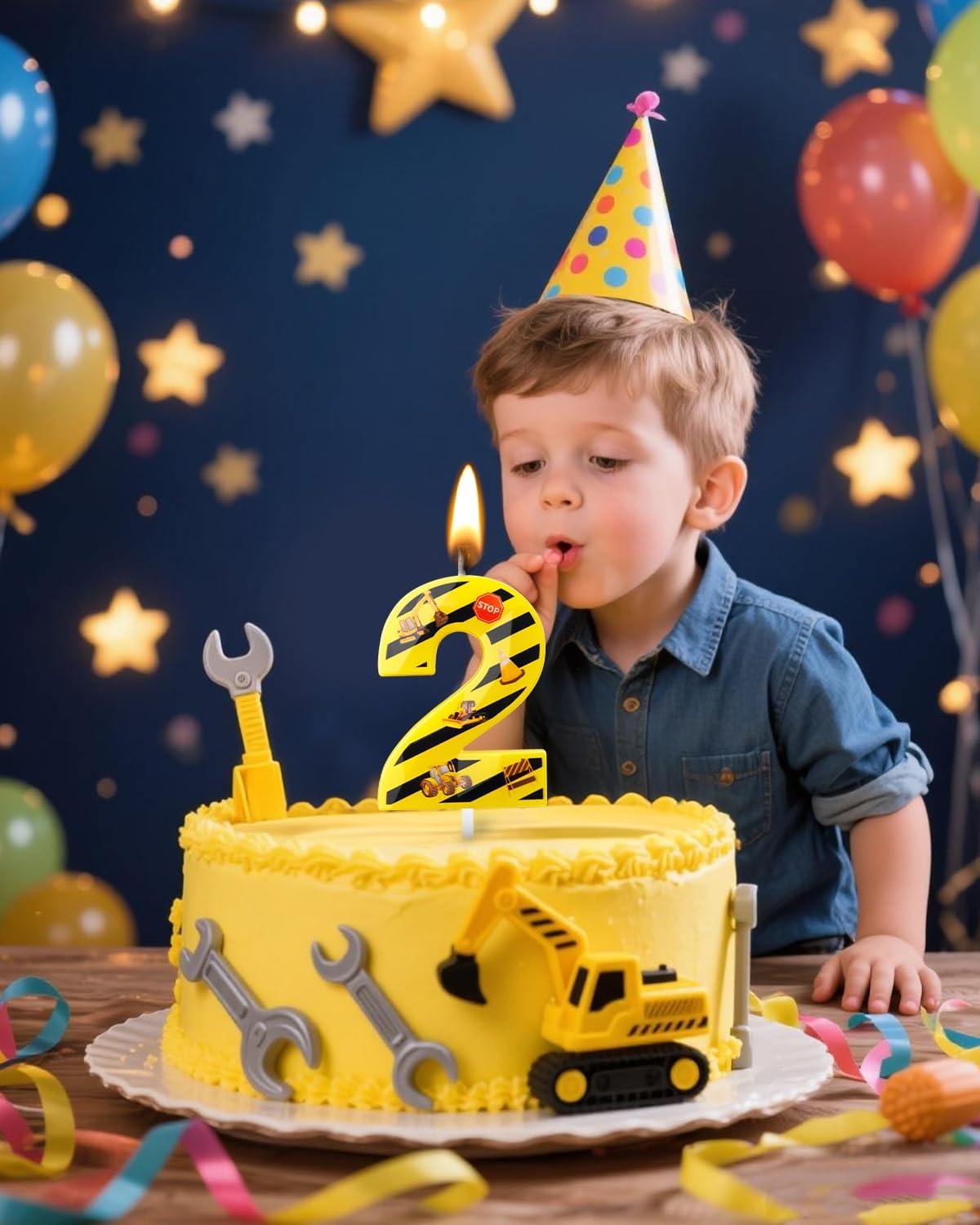 Number 2 Construction Birthday Candle, 2.68 Inch Yellow and Black Striped Candle, Birthday Candles Numbers Construction Cake Topper for Boys Girls, Construction Birthday Party Supplies Decorations