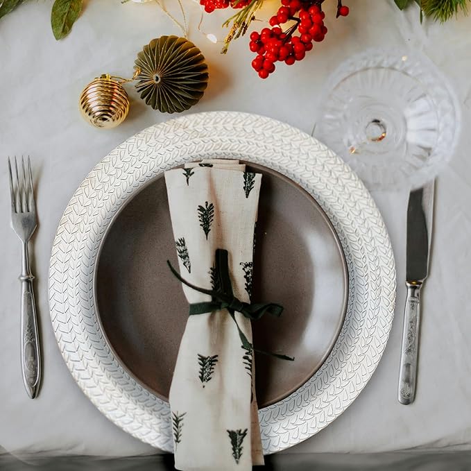 13" Antique White Leaf Trim Round Charger Plates for Dinner, Table Chargers Plates Bulk, 6Pcs