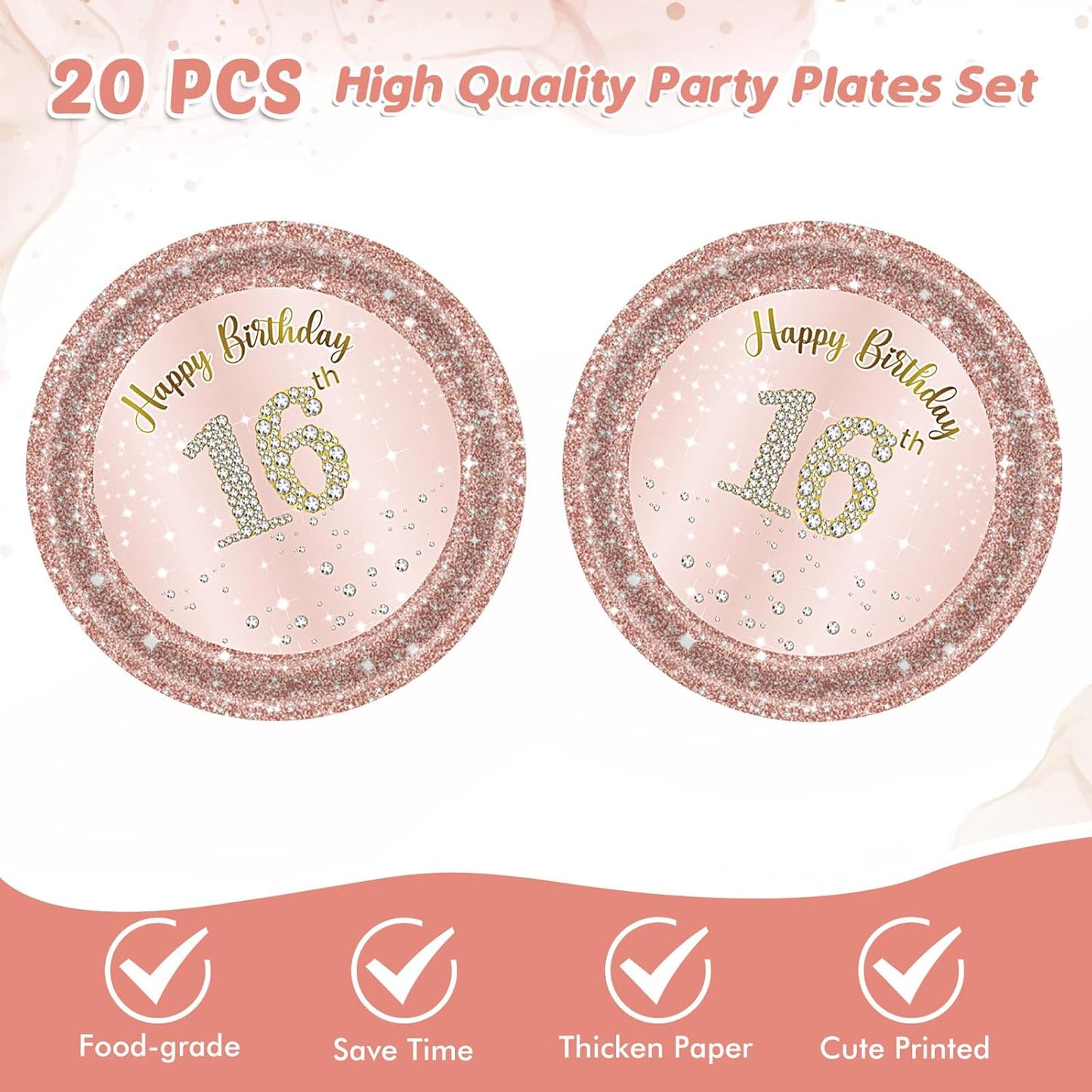 16th Birthday Party Decorations for Girls Pink Rose Gold Theme Birth Supplies Include 20 Plates 20 Napkins Sweet Sixteen Years Old Birthday Party Tableware for Girls Kids Children
