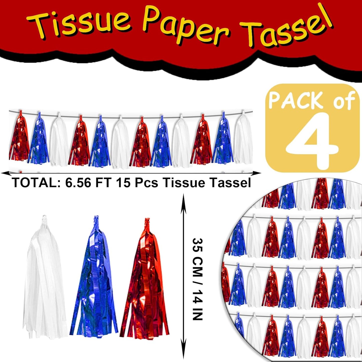 4P White Blue Red Tassel Banner Garland Metallic Foil Fringe Banner Tinsel Streamer Banner Backdrop for Parade Floats Graduation, Independence Day, 4th of july, Patriotic Themed Party Decoration