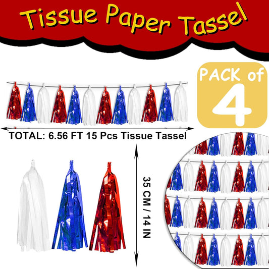 4P White Blue Red Tassel Banner Garland Metallic Foil Fringe Banner Tinsel Streamer Banner Backdrop for Parade Floats Graduation, Independence Day, 4th of july, Patriotic Themed Party Decoration