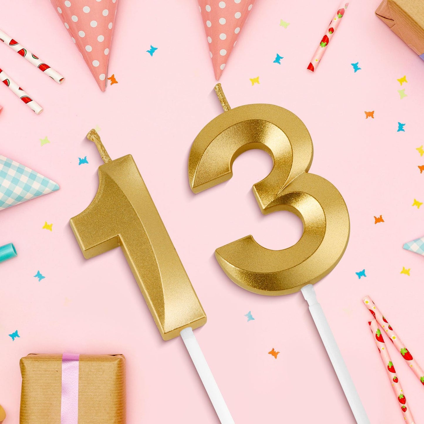 Birthday Candles, 1.96 Inch Number 13 Happy Birthday Candles, Number Candles Decoration for Birthday Party and Anniversary Celebration(Champagne Gold)