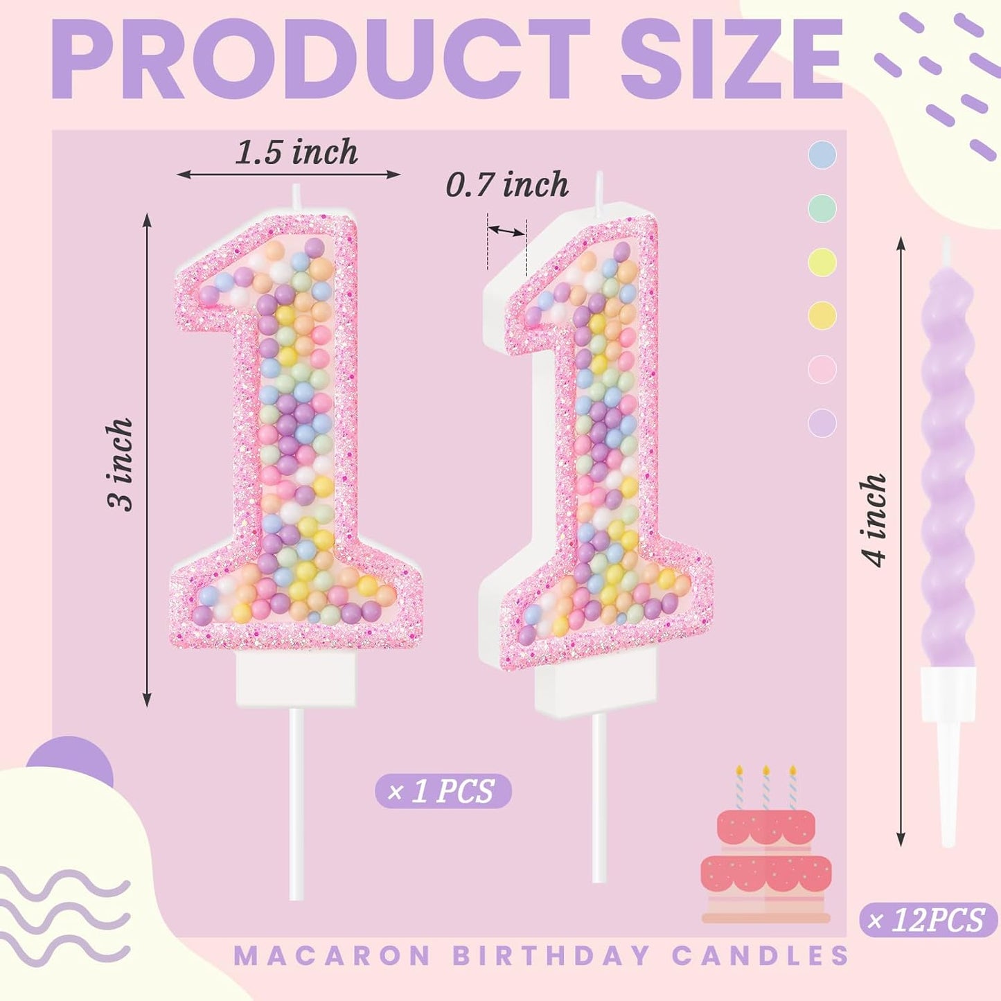 MTLEE Number 1 Birthday Candle with 12 Pcs Spiral Candles for Girls Macaron Pastel Rainbow Unicorn Pink Cake Topper for Sweet Theme Party Decoration