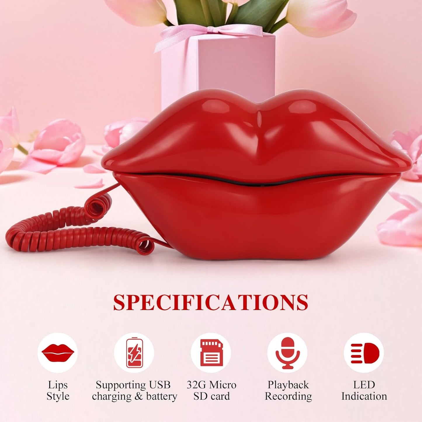 UKBW Audio Guest Book Wedding Phone, 32G Record Customized Audio Message,Interesting Mouth Lip-Shaped Audio Guestbook for Birthdays Parties Confessions Special Occasions (Red)