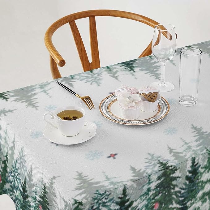 YCness Winter Forest Landscape Tablecloth, Green Christmas Snowflakes Nature Seasonal Decoration Table Cover for Winter Christmas Birthday Holiday Party Dinner, 60x120 Inch Rectangle