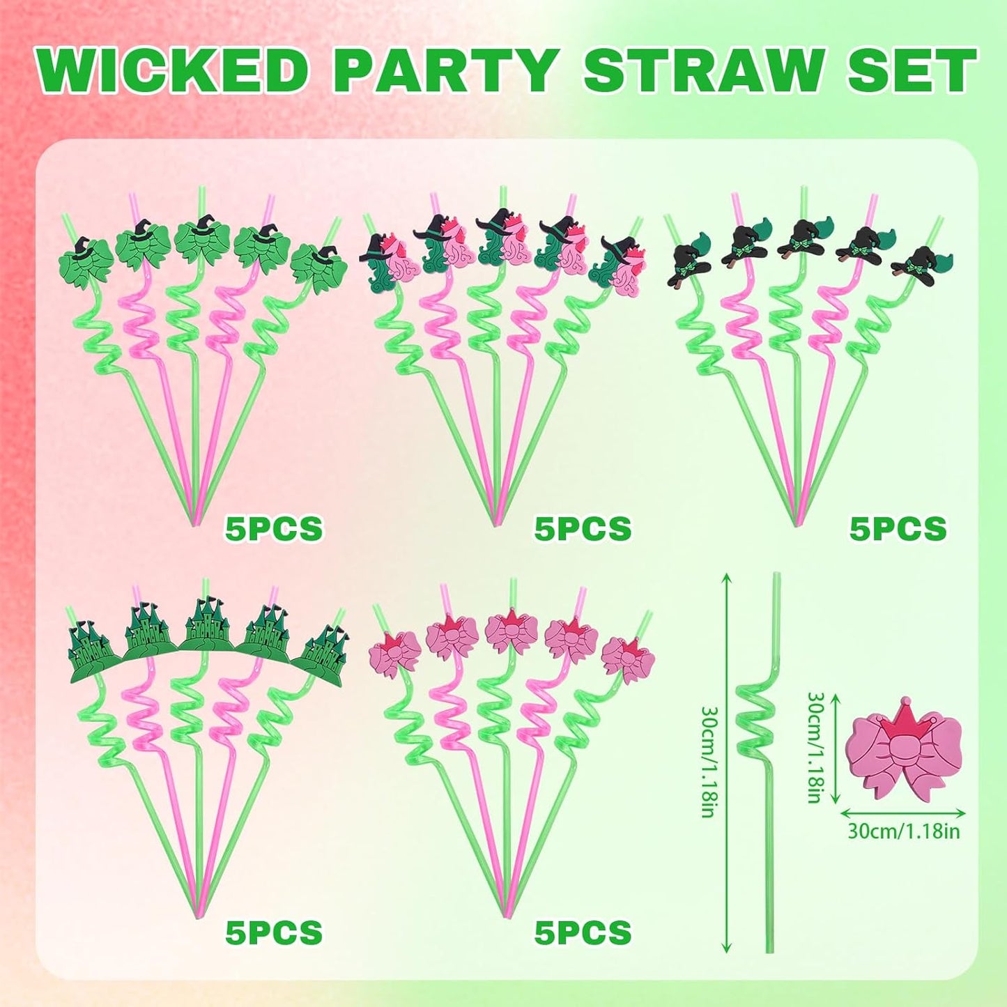 25 PCS Wicked Party Drinking Straws, Princess and Witch Theme Reusable Plastic Loop Drinking Straws with 2 Cleaning Brushes Pink and Green Birthday Favors Decorations for Kids