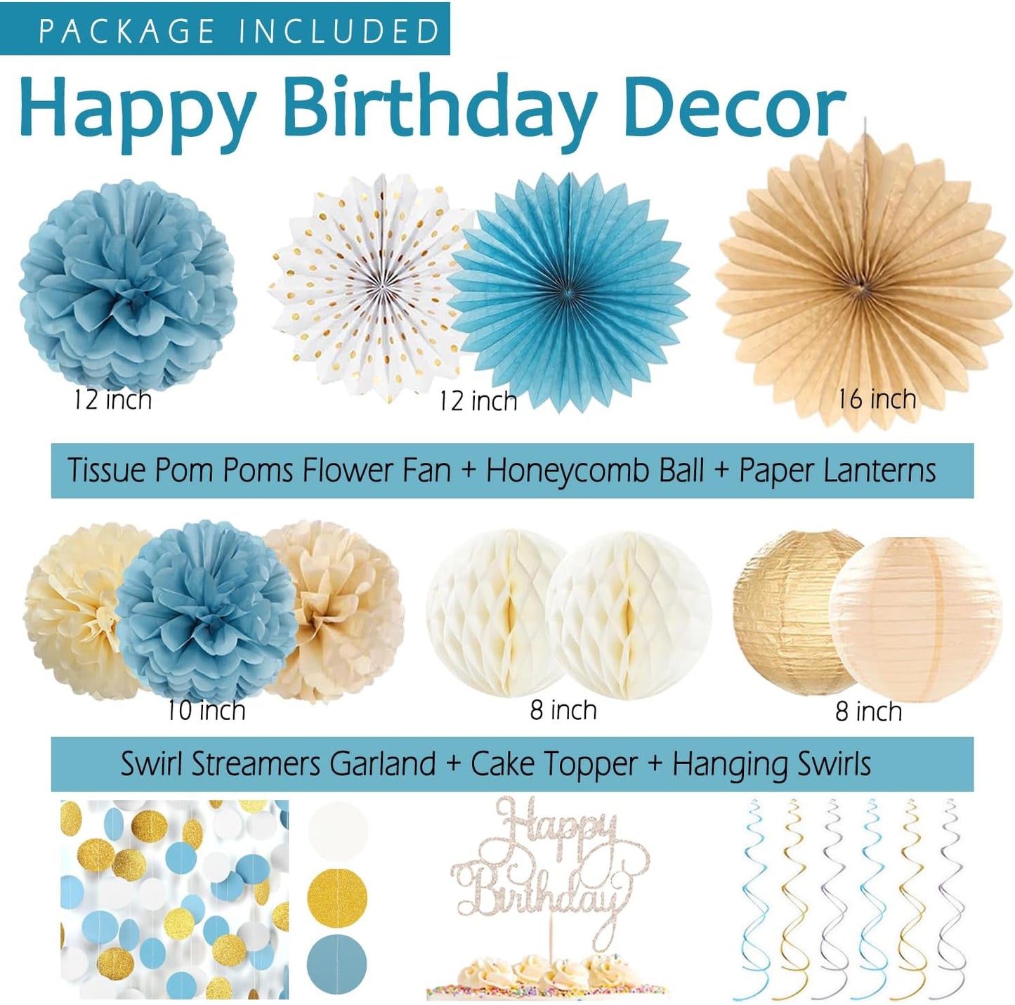 Dusty Blue Beige Champagne Women Birthday Decorations, Boho Neutral Boys Girls Blue Party Décor With Fog Cream Gold Balloons,Happy Banner Garland,Paper Lanterns, Honeycomb Tissue Pom Poms For Adults