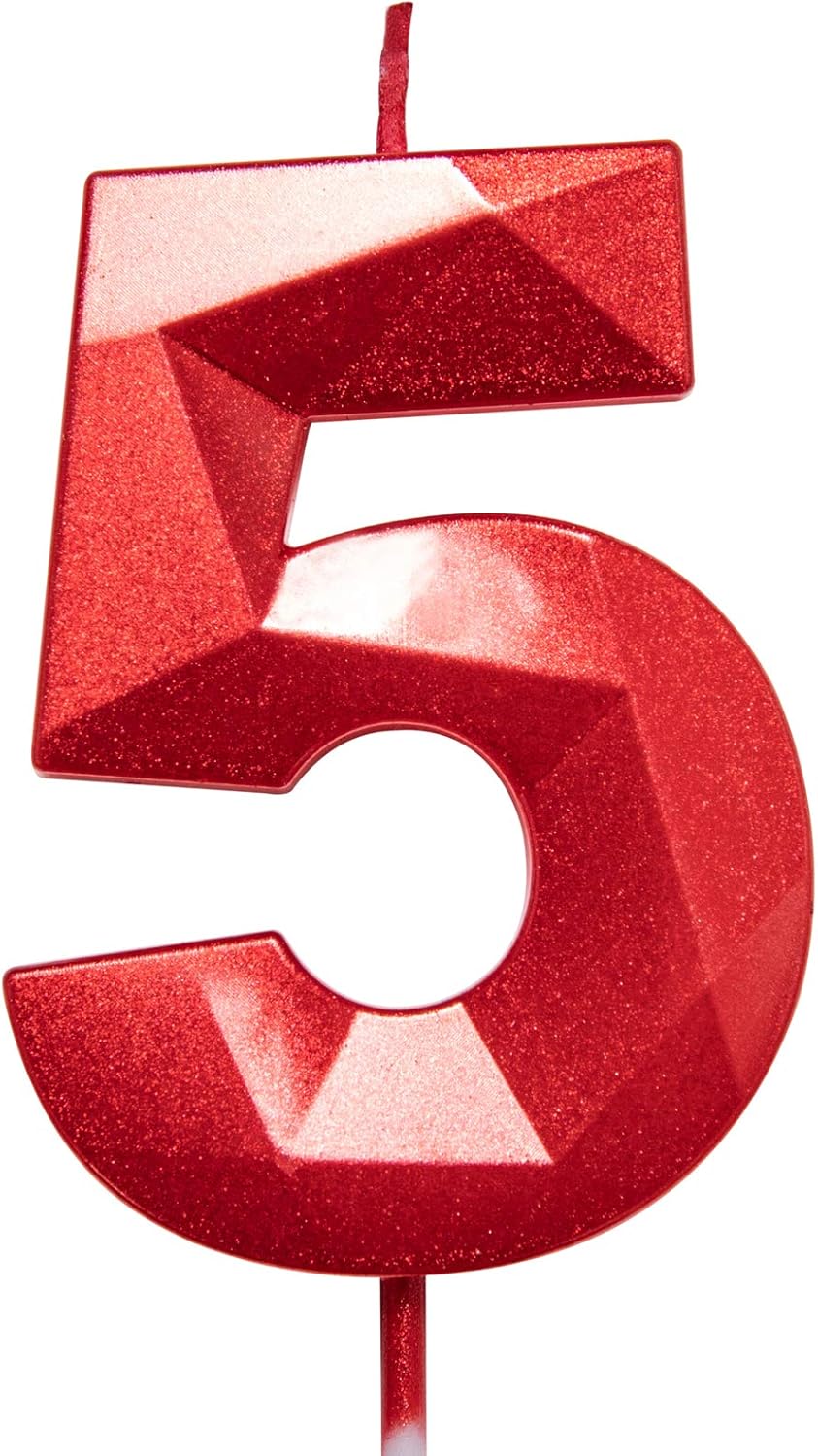 2.75in Tall 3D Diamond Shape Bright Red 5 Candles, Red Color Happy Birthday Cake Toppers Decorating and Celebrating for Adults/Kids Party/Family Baking (Bright Red Diamond Shaped 2.75in Number 5)