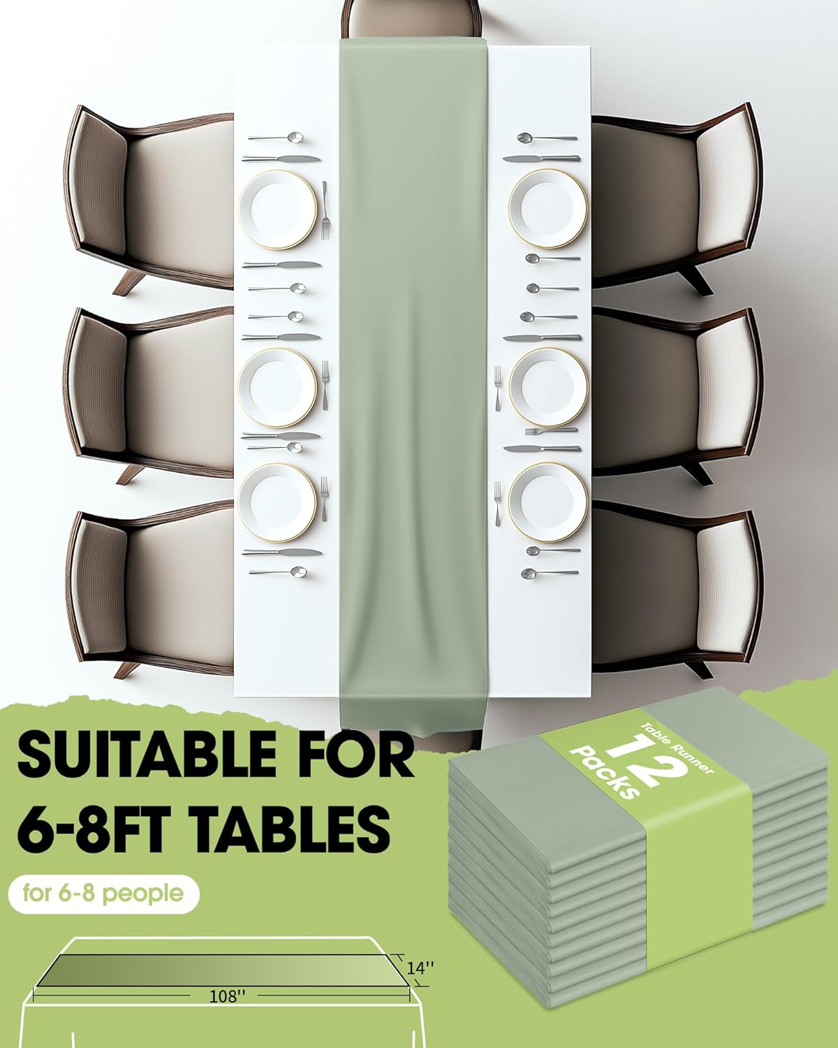 Pureegg Sage Green Plastic Table Runners - 12 Pack, 14'' x 108'', Water Resistant & Disposable Centerpiece Decorations for Table Cloth, Wedding, Birthday, Holiday, Baby Shower, Party, Home Decor
