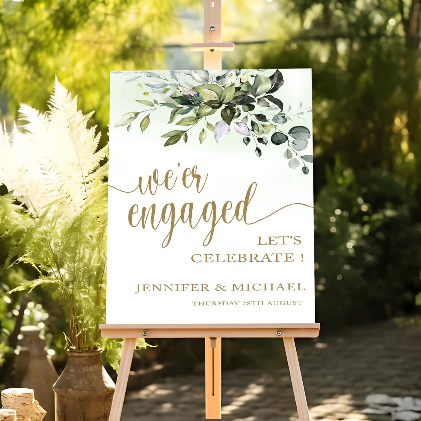 Greenery Gold Engagement Party Sign - Welcome Template, Rustic Decor