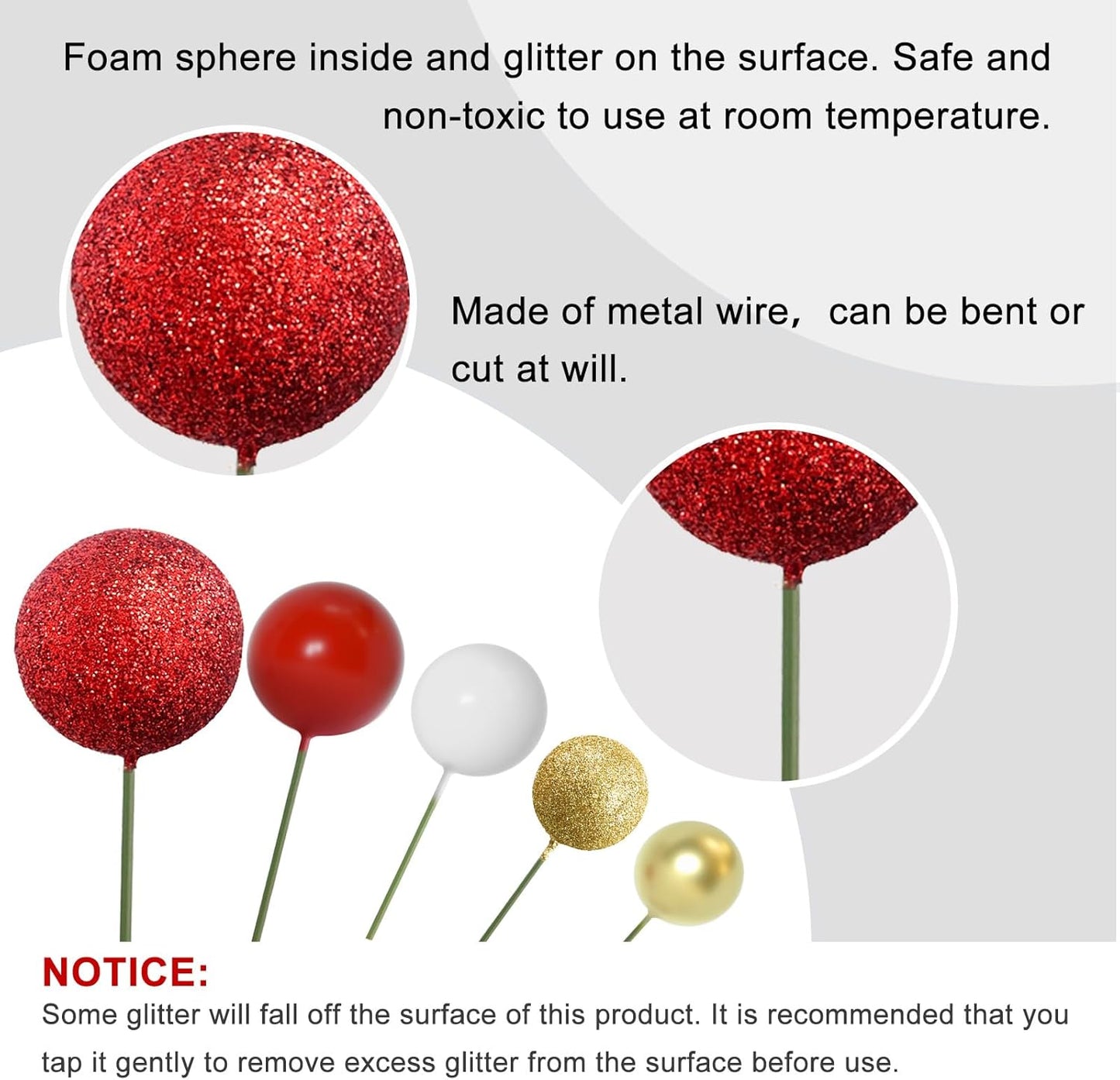 ASTARON 50 Pcs Ball Cake Topper Sticks Mini Balloons for Cake Decorating Supplies Foam Balls for Graduation Cake Birthday Cake Toppers Decorations (Gold，Red Series)