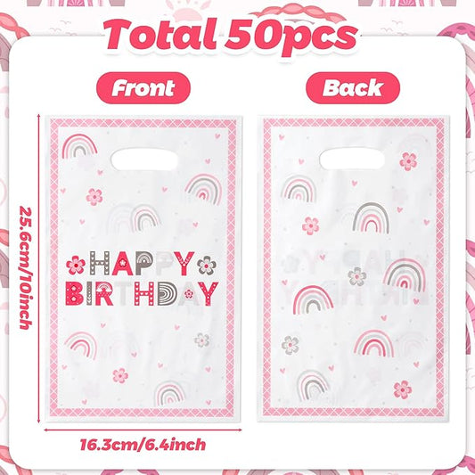 50Pcs Pink Boho Birthday Party Favor Bags, Plastic Boho Rainbow Goodie Candy Treat Gift Bag with Handles Retro Groovy Girls Kids Birthday Party Supplies Decorations