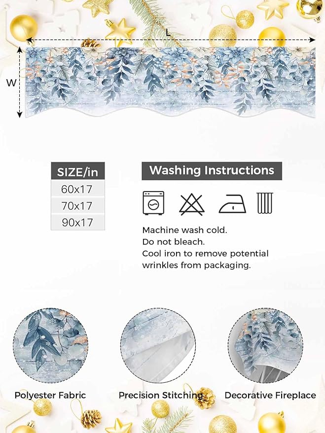 Blue Eucalyptus Fireplace Mantel Scarf Table Runner, Christmas Leaves Poinsettia Farmhouse Wooden Winter Garland Mantel Top Tablerunners Dresser Scarves Cover for Windows Party Living Room 60''x17''
