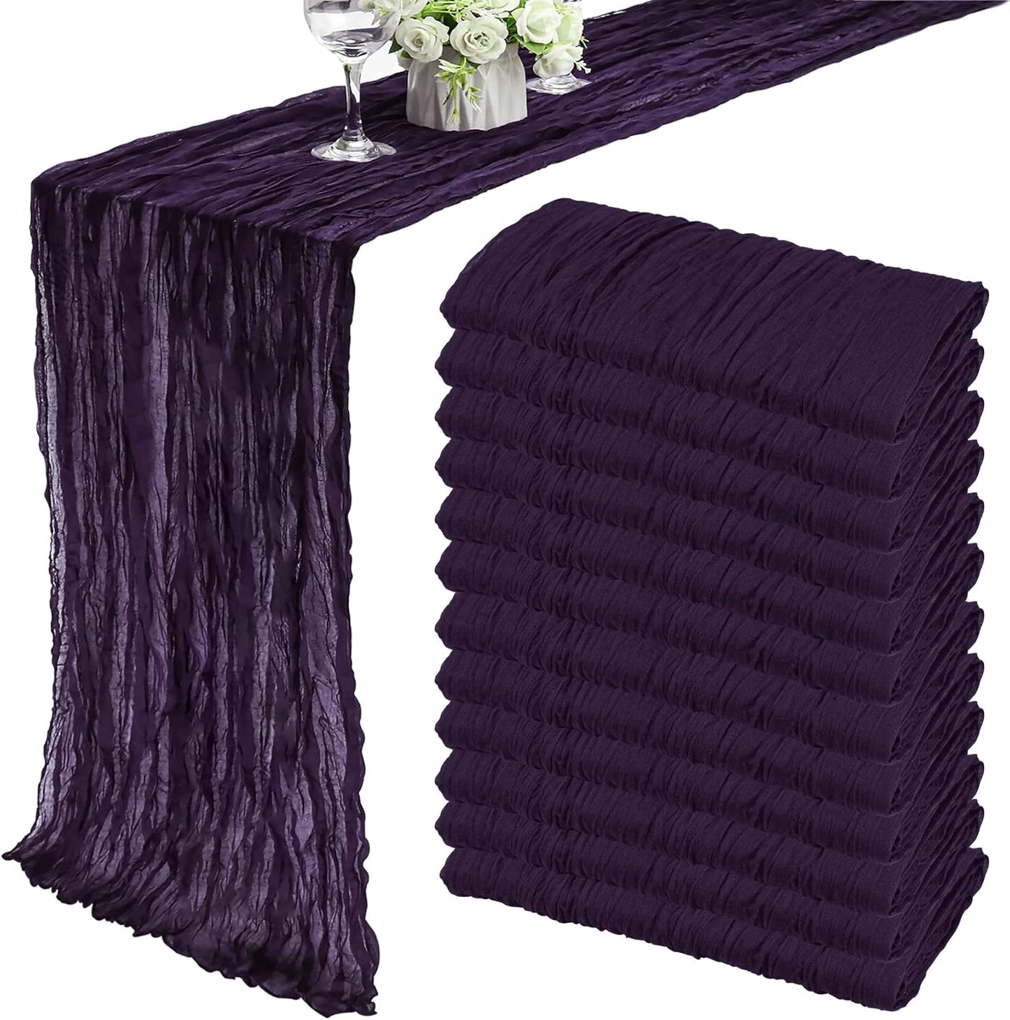 12 Pack 10Ft Cheesecloth Table Runner 35x120 Inch Boho Gauze Table Runner Rustic Cheese Cloth Long Romantic Table Runners for Wedding Bridal Shower Birthday Party Table Decor (Dark Purple)