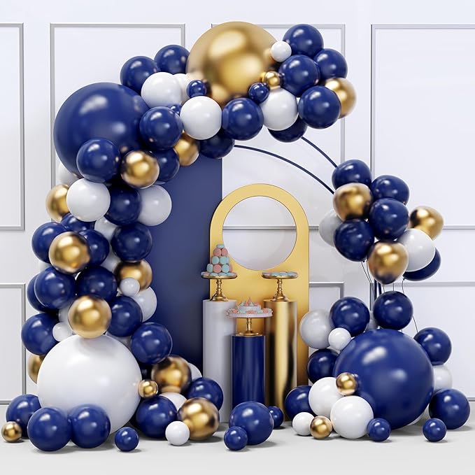 Blue and Gold Balloons Arch Garland Kit, 134pcs Navy Blue Gold White Balloons with Different Size for Graduation, Birthday, Anniversary Party Decorations