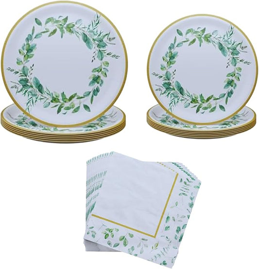 Blue Orchards Sage Green Plates and Napkins (52 for 16 Guests) - Eucalyptus Party Supplies, Botanical Themed Decorations, Sage Green Baby Shower, Wild One Birthday