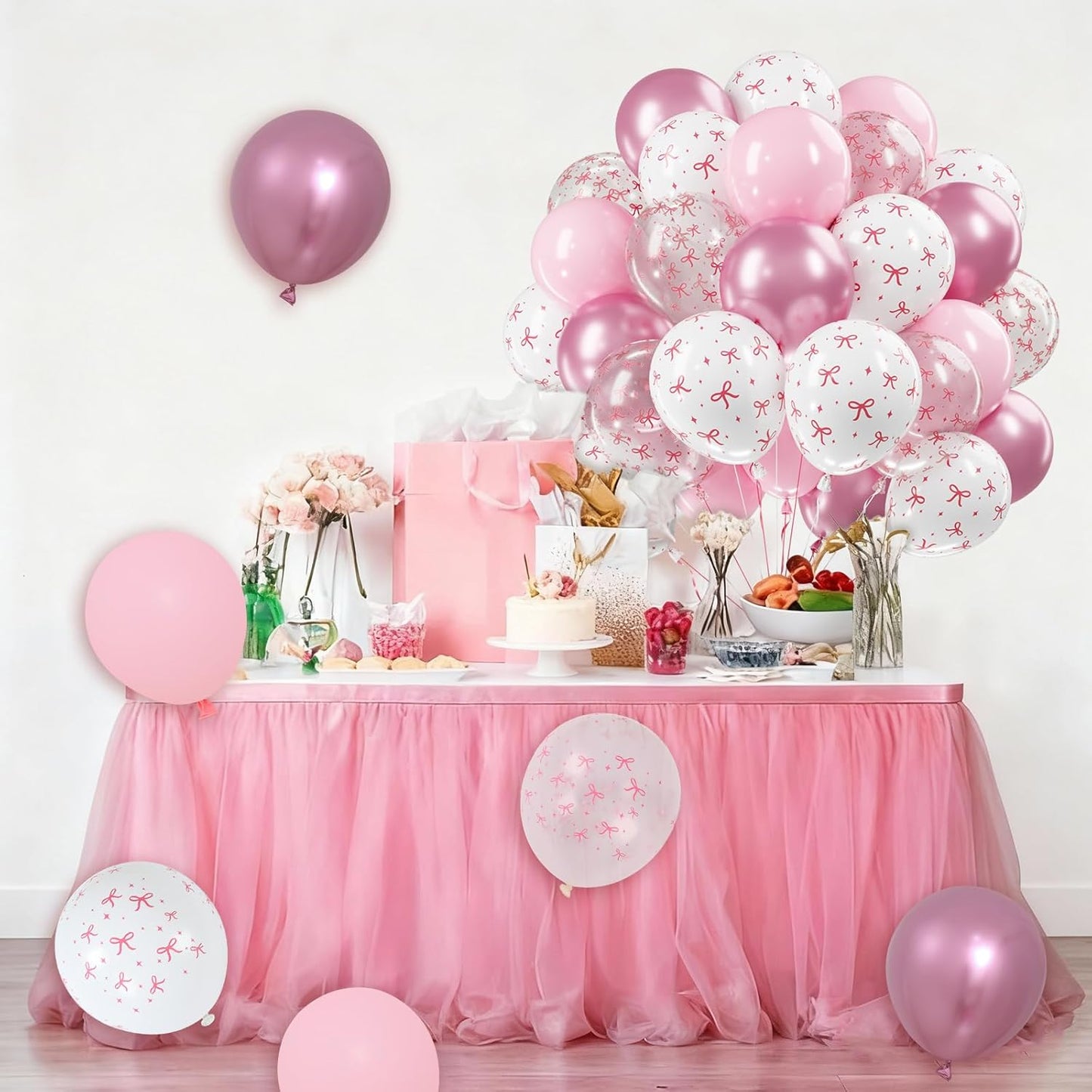 Netnology Pink Bow Balloons, 60Pcs 12 Inch Light Pink Metallic Pink Clear White Bow Balloon for Girls Women Princess Coquette Birthday Baby Shower Bridal Shower Wedding Bachelorette Party Decorations