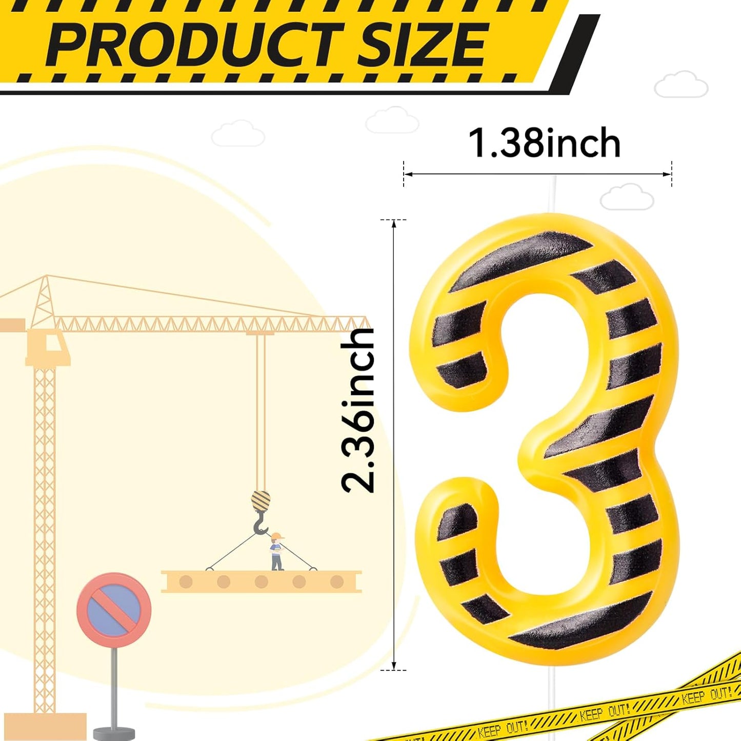 Construction Number 3 Candle, Number 3, Modern, Yellow+Black, Uniscented, Long Burning, Odorless, Indoor, All Season, Construction Themed Birthday Candle