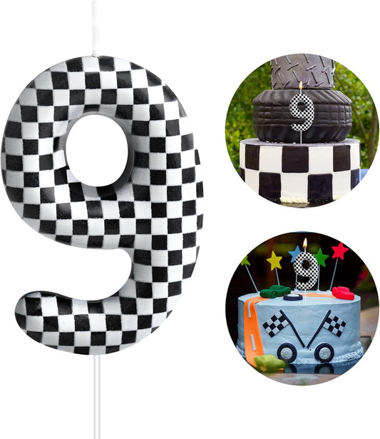 Racing Cars Themed Birthday Candle Number 9 Checkered Candle Birthday Party Decoration Cake Topper for Racing Car Party Decoration Theme Party Supplies (Number 9)