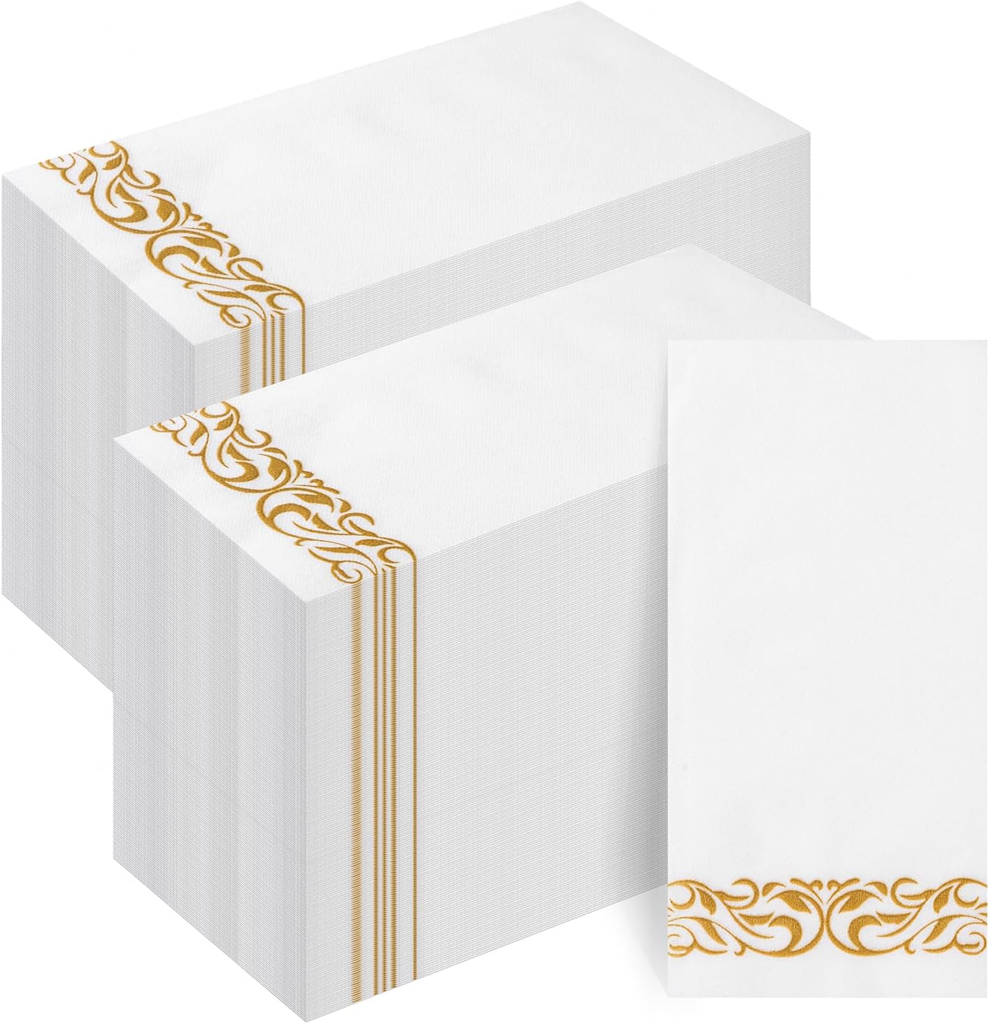 Goodluck 200-Pack Linen-Feel Disposable Guest Towels – Soft and Absorbent Paper Hand Towels for Bathroom or Kitchen – Elegant White Napkins with Gold Design for Parties, Weddings, Dinners Events