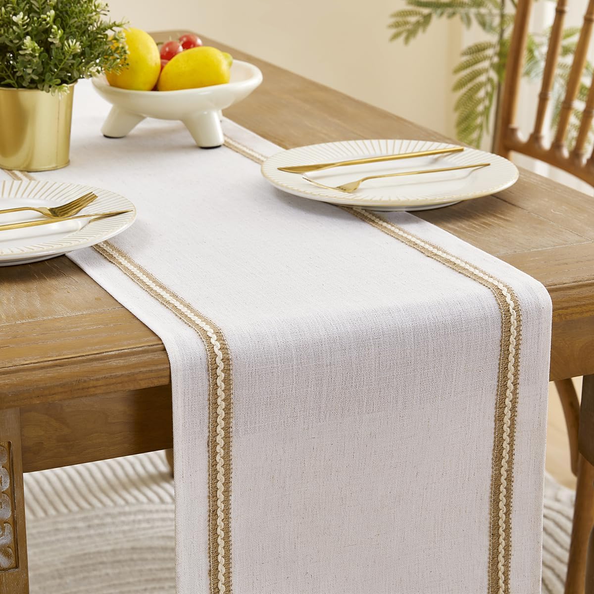 Wracra Jute Farmhouse Table Runner, Macrame Rustic Dining Table Runners 90 Inches Long for Everyday Use, 14x90 Inches, Jute