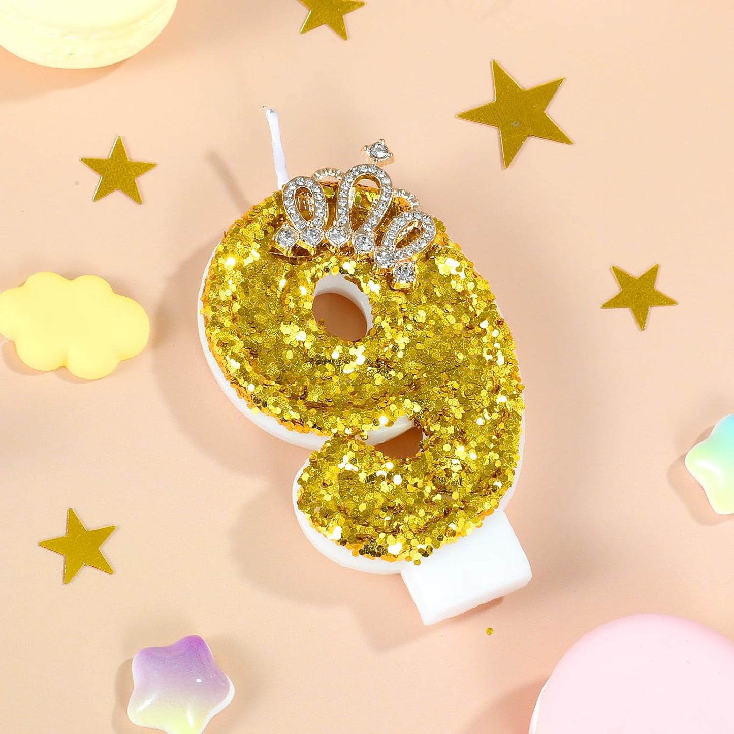 Gold Birthday Candle Crown Number 9 Candle with Sequins Cake Candles Cupcake Decorations Party Decor for Anniversary Celebrations Supplies