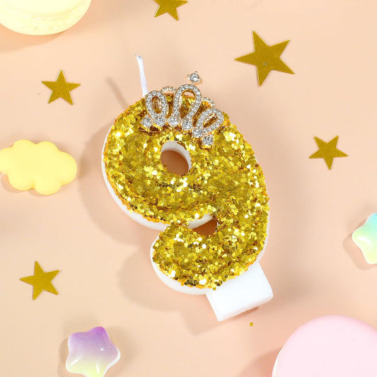 Gold Birthday Candle Crown Number 9 Candle with Sequins Cake Candles Cupcake Decorations Party Decor for Anniversary Celebrations Supplies