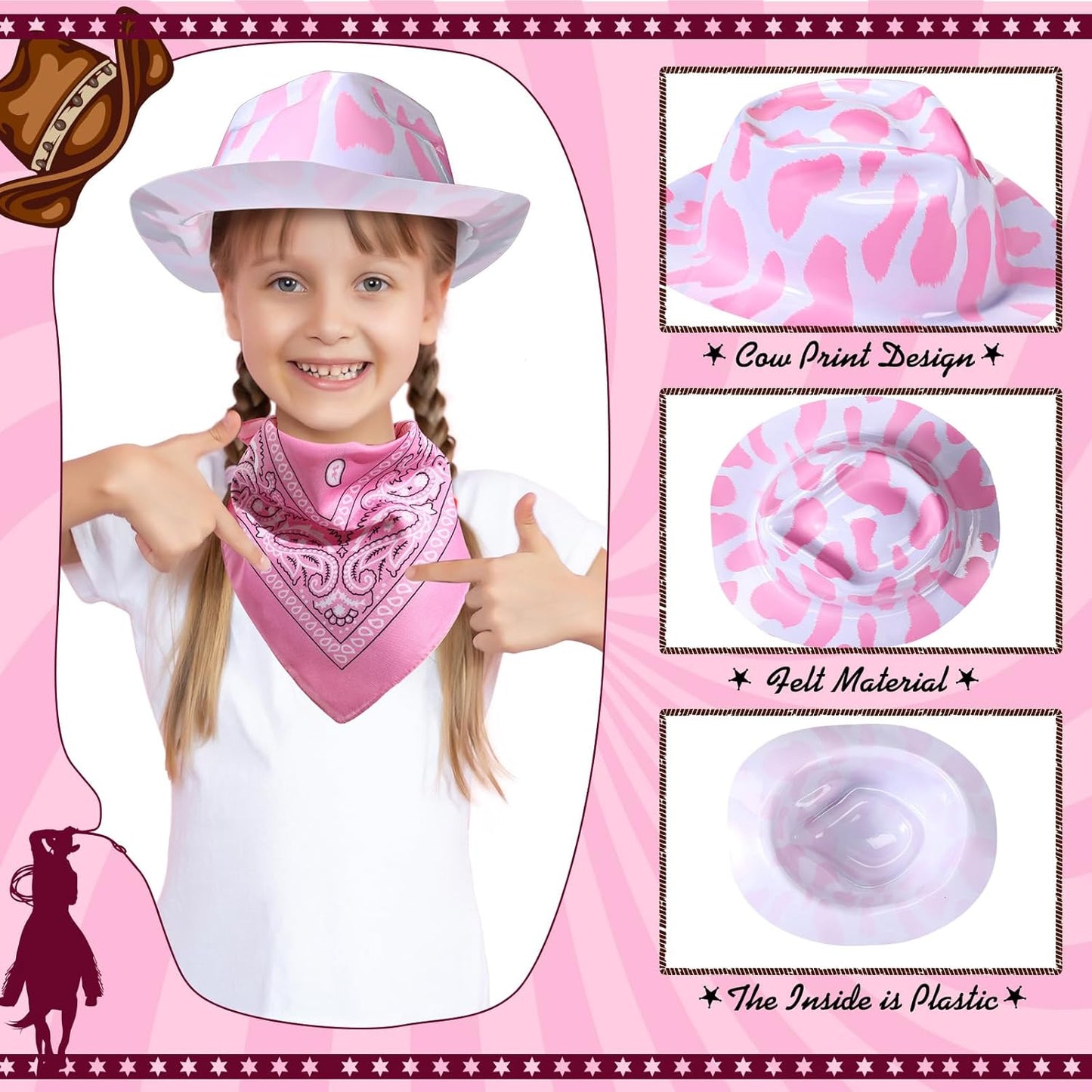 Haysandy 24 Pcs Cow Print Cowgirl Cowboy Hats Bulk with Bandana Felt Cow Party Hats for Women Men Western Costume Party(Pink)