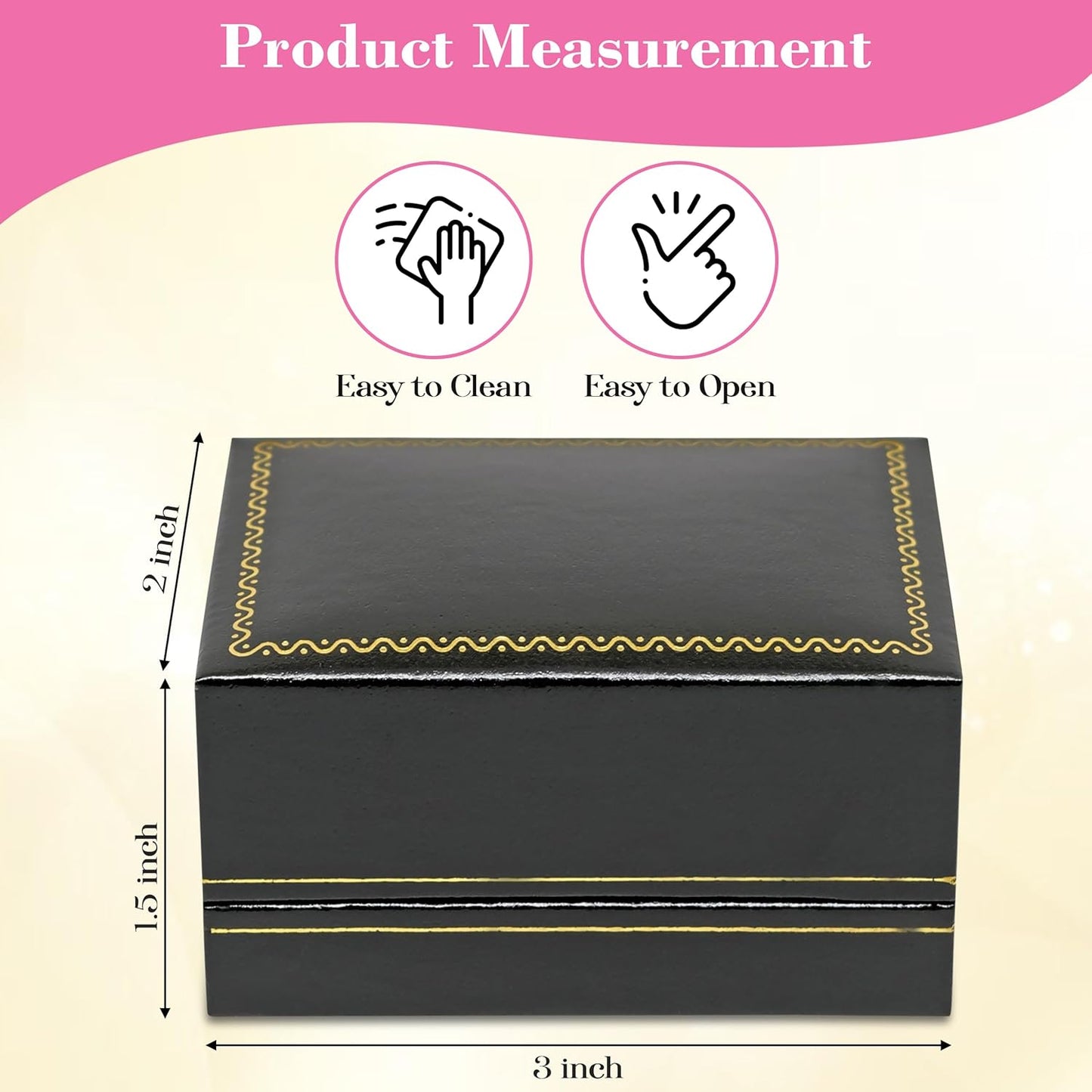 Novel Box Black Jewelry Box for Double Rings 3x2x1.5 Inches - Ring Gift Boxes with Gold Trim - Faux Leatherette Double Rings Storage Case - Gift Presentation Cases for Ring Only