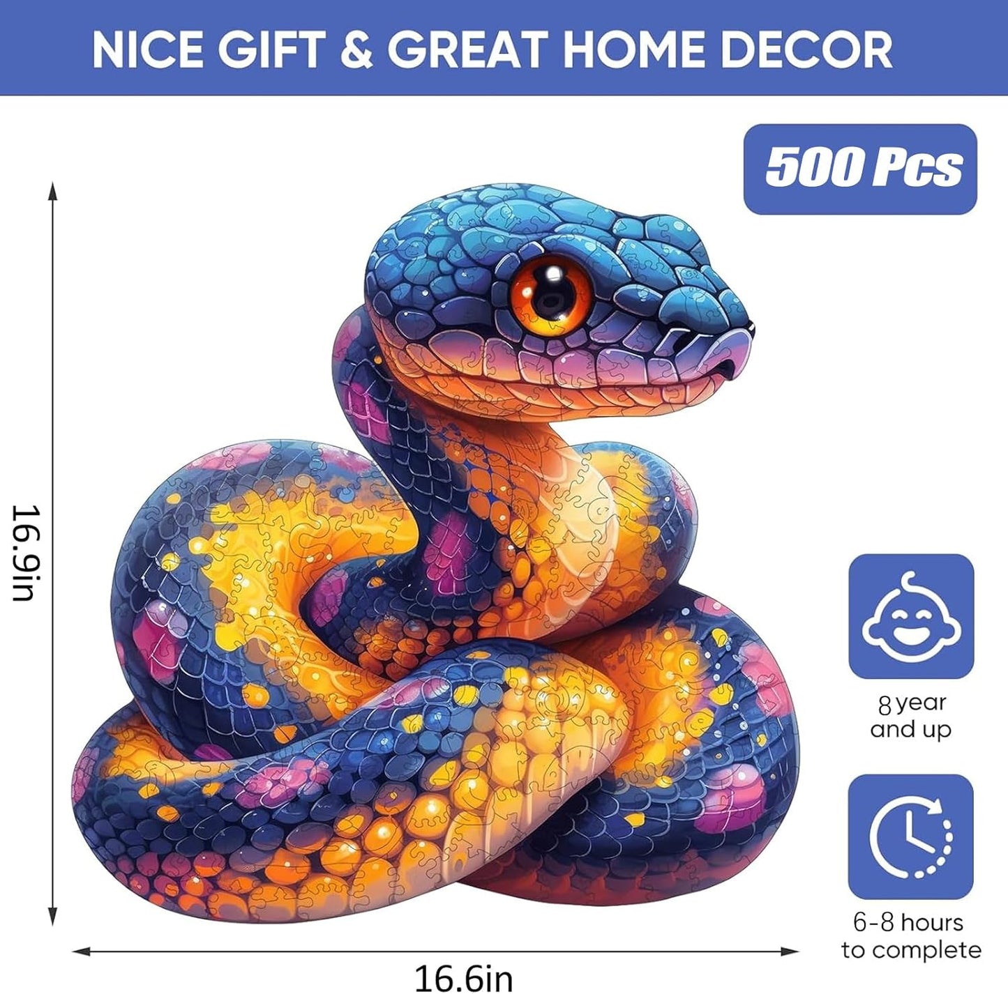 Reouinty Wooden Puzzle for Adults 500 Pieces, 3D Visual Effect Snake Jigsaw Puzzles, Unique Shape Animal Adult Puzzles, Irregular Wood Puzzles Best Gift for Adults Family Game 16.6 * 16.9 in