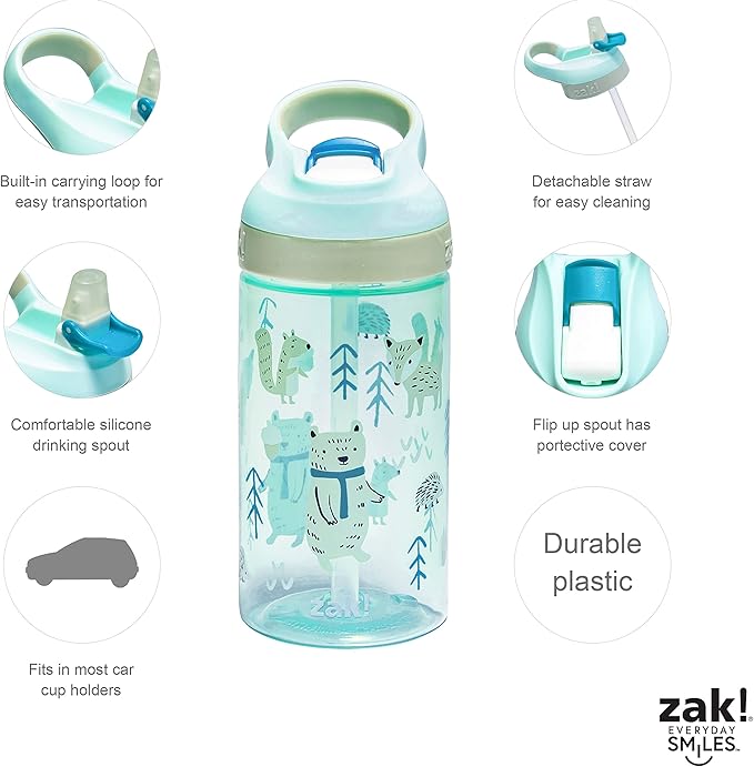 Zak Designs 5-Piece Dinnerware Set, Forest Friends - Durable Plastic & Stainless Steel - Includes Water Bottle, 8-Inch Plate, 6-Inch Bowl, Fork & Spoon - Suitable for Kids Ages 3+