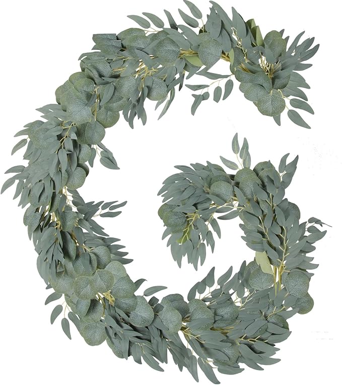 Grever 2 Pack Artificial Eucalyptus Garland with Willow Leaves Handmade Faux Greenery Garland 6.56 Feet for Wedding Backdorp Arch Wall Table Runner Decor Birthday Bridal Baby Shower Indoor Outdoor