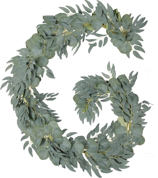 Grever 2 Pack Artificial Eucalyptus Garland with Willow Leaves Handmade Faux Greenery Garland 6.56 Feet for Wedding Backdorp Arch Wall Table Runner Decor Birthday Bridal Baby Shower Indoor Outdoor