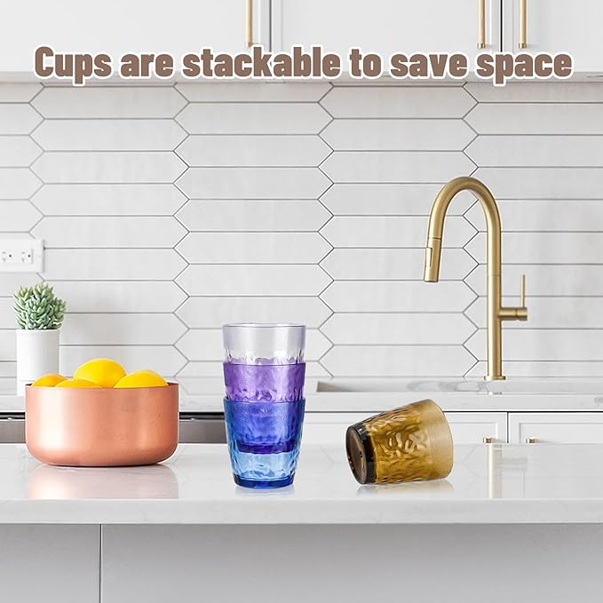 4Pcs Plastic Drinking Glasses, Plastic Tumblers Reusable Drinking Cups, Clear Acrylic Glasses Drinkware 6.8oz, Stackable Unbreakable Juice Glasses for Beer Wine Juice Milk, Party and Picnic
