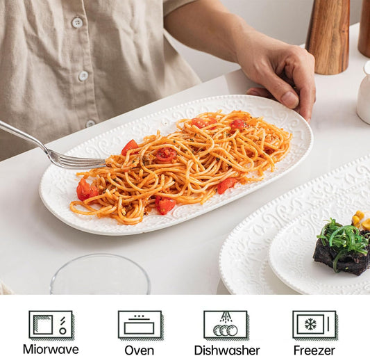 Oval Serving Platter, 14"/12"/10" Ceramic Serving Platters, Embossed White Serving Plates, Stackable Porcelain Tray for Appetizer, Dessert, Pasta, Sushi, Oven Dishwasher Safe, Set of 3, Family Dining