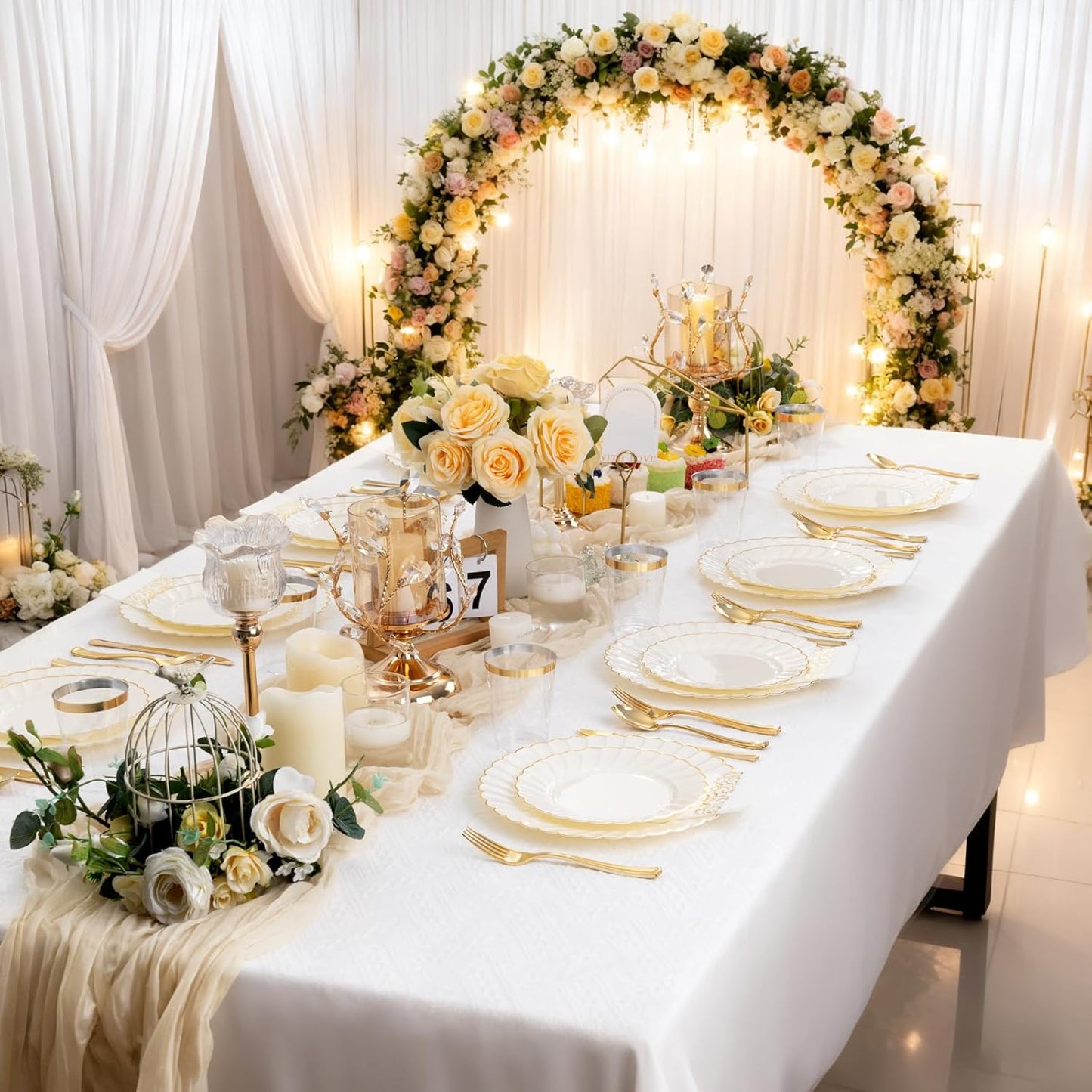 YOUBET 60PCS Ivory Scalloped Plastic Plates - Hard Craem and Gold Fancy Disposable Plates include 30 Gold Dinner Plate, 30 Dessert Plate for Party & Wedding & Thanksgiving