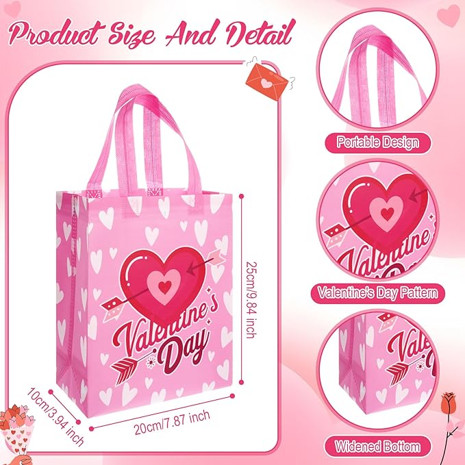 Wesnoy 24 Pcs Valentine's Day Gift Tote Bags Bulk Reusable Non Woven Gift Wrap Cute Treat Goodie Bags with Handle for Valentine's Day Wedding Birthday Party Favor Supplies