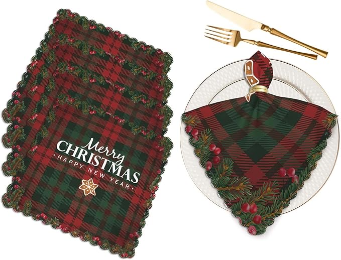 Yibeas White Merry Christmas and Happy New Year Cloth Napkins Set of 4 Soft Tartan Checkered Plaid Red and Green Polyester Dinner Square Napkin for Family Weddings Parties 18 x 18 inch