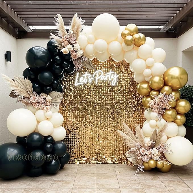 Black White and Gold Balloon Arch Kit – Double Stuffed Balloons in Black, Ivory with Metallic Gold – 5”/12”/18” Balloons for Graduation, Birthday, Retirement, New Year, Balloon Garland Decorations