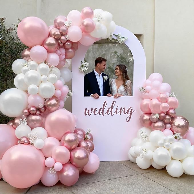 Pink and White Balloons Arch Kit, Double Stuffed Pastel Pink Balloon Garland Include Light Pearl Pink White and Metallic Pink Balloons for Coquette Wedding Birthday Party Bridal Shower Decorations