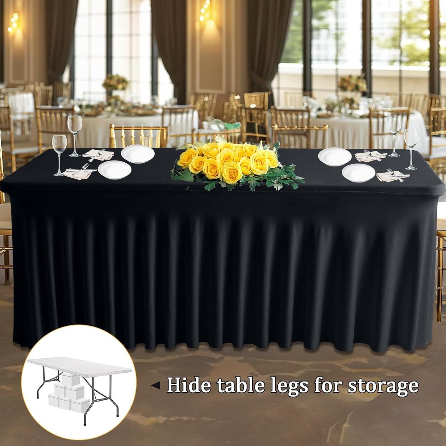 JCJ Table Skirt for Rectangle Tables Set of 4 Spandex Fitted Black Tablecloths for 6FT Tables, Wrinkle Resistant Ruffles Elastic Table Cover Skirts for Teacher Desk Weddings Banquets Parties